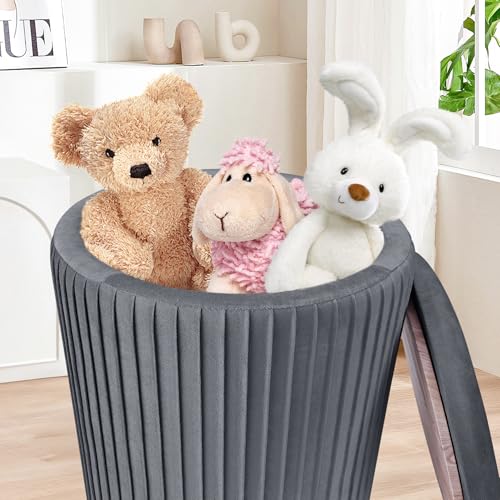 Set of 3 Velvet Round Storage Ottomans â€?Modern Upholstered Vanity Stool & Foot Rest with Hidden Storage