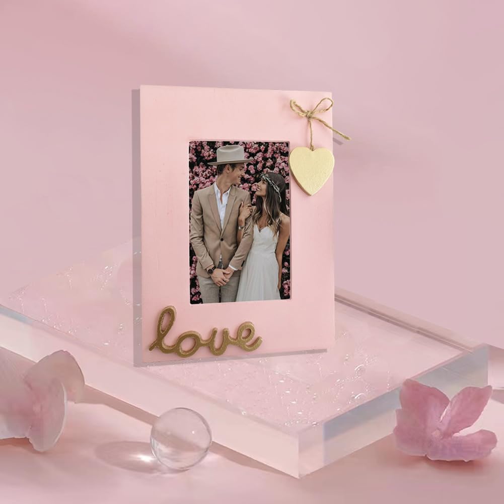 Love Picture Frame with Heart for Table Top and Wall Mounting-Distressed Wooden Photo Frame HD Glass Inside