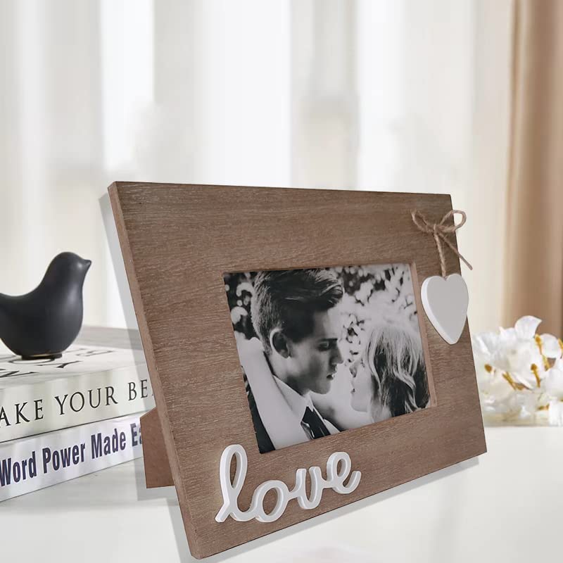 Love Picture Frame with Heart for Table Top and Wall Mounting-Distressed Wooden Photo Frame HD Glass Inside