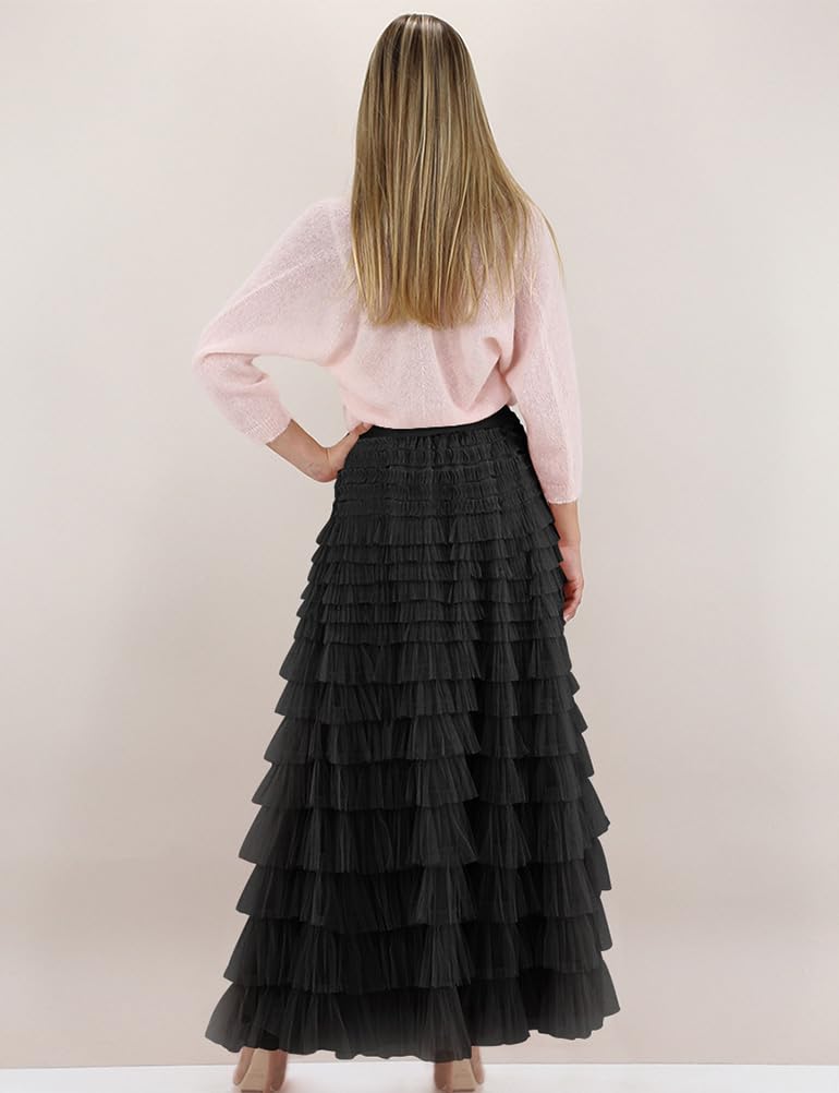Long Tulle Skirt for Women Trendy High Waisted A Line Fluffy Fairy Mesh Layered Ruffle Skirt