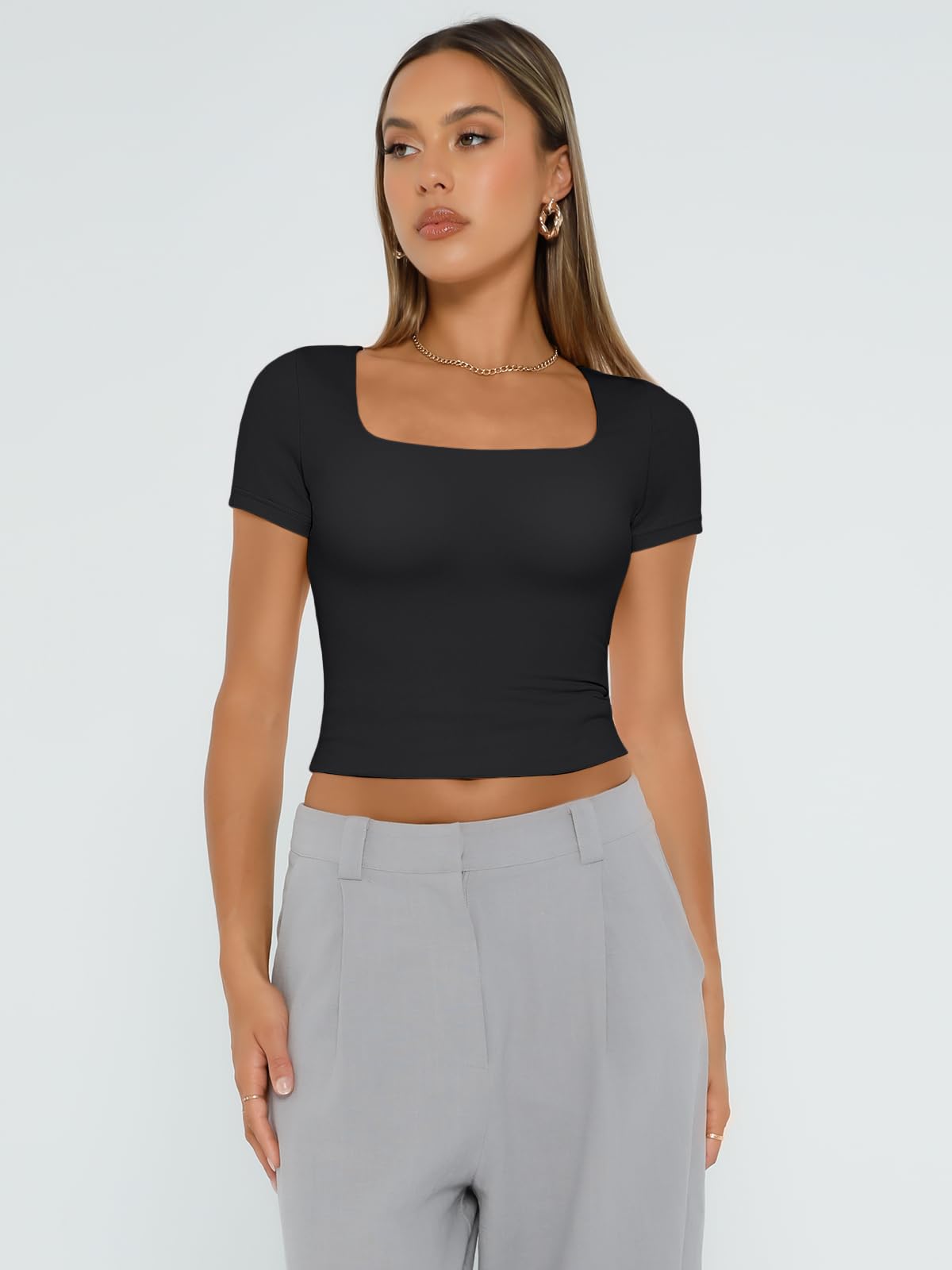 Womens Short Sleeve T Shirts Double Lined Square Neck Crop Tops Basics Tees