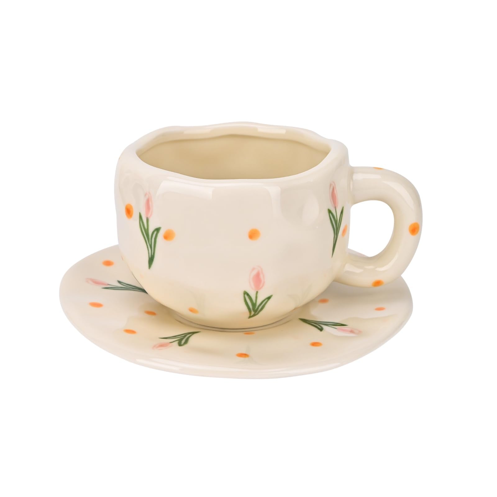 Ceramic Coffee Mug with Saucer Set, Cute Creative Cup Unique Irregular Design, 10 oz/300 ml