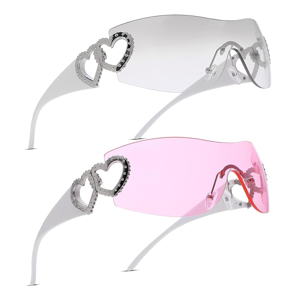 Wrap Around Heart Rhinestones Rimless Sunglasses Women Men, Oversized Fashion Futuristic Sun Glasses Cool Shade 2000S Trendy