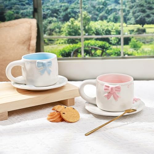 Elegant Bowknot Tea Cup and Saucer Set, Ceramic Tea Mug Set with Butterfly Bow Design, Perfect for Afternoon Tea or Home Décor