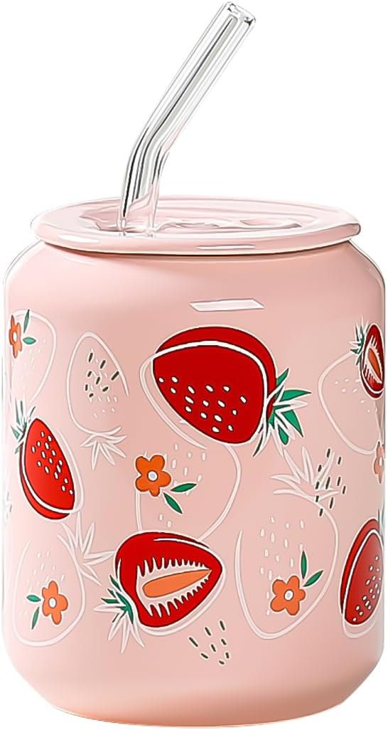 Cute Fruit Strawberry Pattern Coke Cans Shaped Ceramic Mug with Lid and Straw 17oz Pink Drinking Cup - Microwave Safe