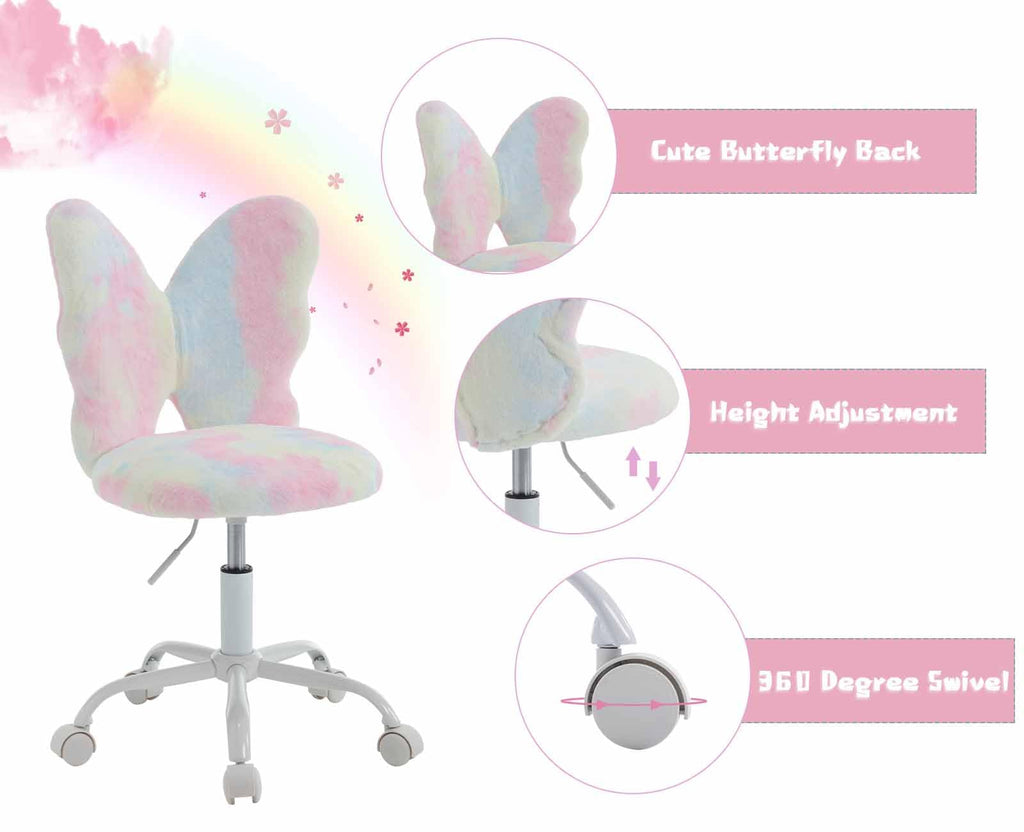 Kids Desk Chair Butterfly Faux Fur Study Chair Adjustable Vanity Chair, Small Cute Student Task Chair with White Foot