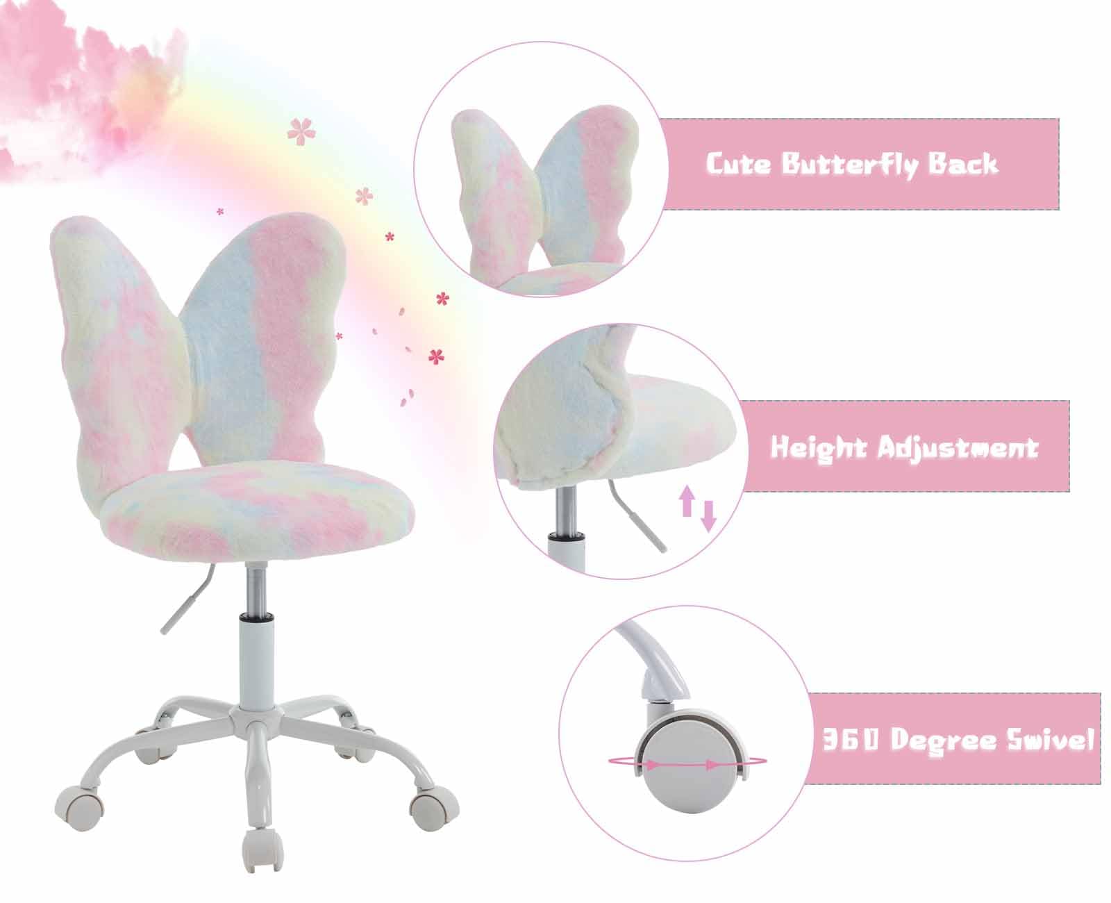 Kids Desk Chair Butterfly Faux Fur Study Chair Adjustable Vanity Chair, Small Cute Student Task Chair with White Foot