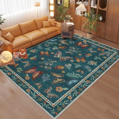Insect Floral Area Rug, Machine Washable Area Rug Non-Slip Low Pile Large Bedroom Rug Stain Resistant Throw Rug Carpet