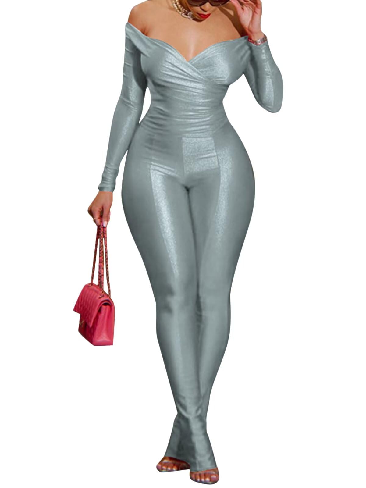 Women 2 Piece Outfits - Sexy Off Shoulder Tops Bodycon Flared Pant Sets