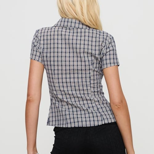 Women Y2k Coquette Button Down Shirt Cute Button Up Cap Sleeve V Neck Preppy Slim Fit Summer 90s Crop Top Blouse