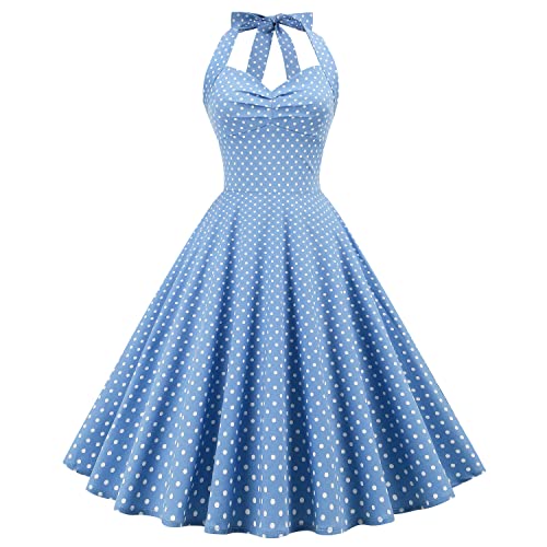 Vintage Women 1950s Rockabilly Swing Dress Pinup 50s Retro Hepburn Style Halterneck A-Line Dresses