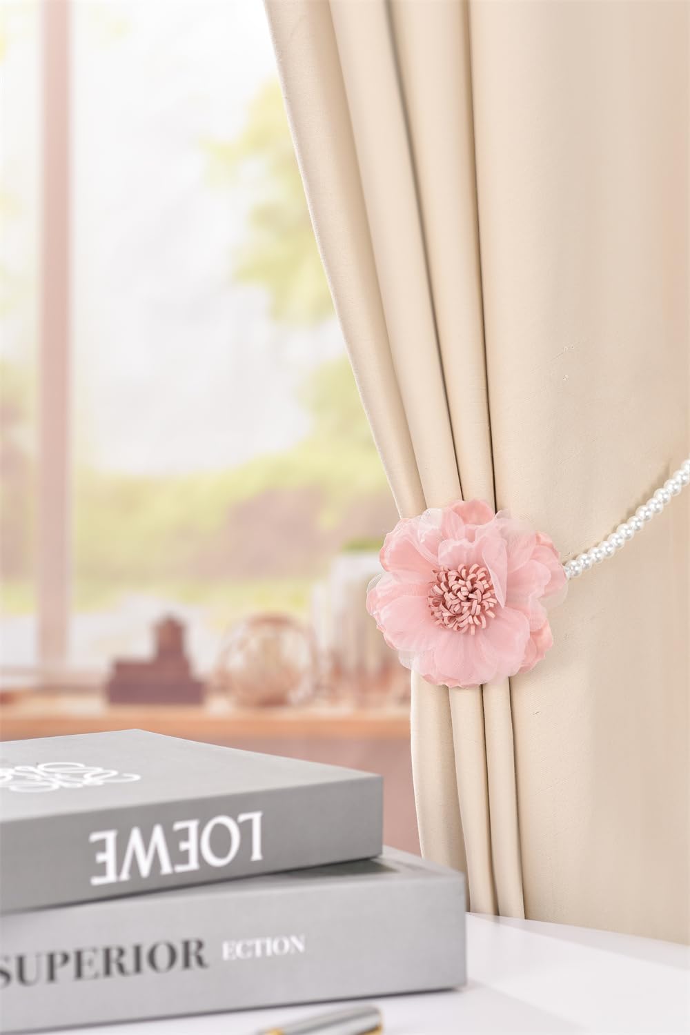 Elegant Pearl Magnetic Curtain Tieback with Handmade Flower Decorative Drapery Holdbacks Rope Holder