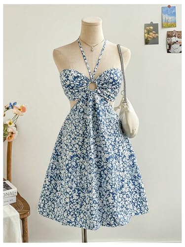 Women's Floral Halter Neck Vacation Dress Sleeveless Cut Out Boho Cami Dress