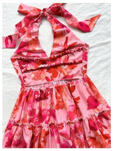 Women's Floral Print Sleeveless Halter Neck Layered Hem A Line Mini Dress