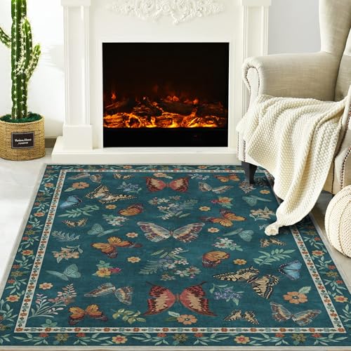 Insect Floral Area Rug, Machine Washable Area Rug Non-Slip Low Pile Large Bedroom Rug Stain Resistant Throw Rug Carpet
