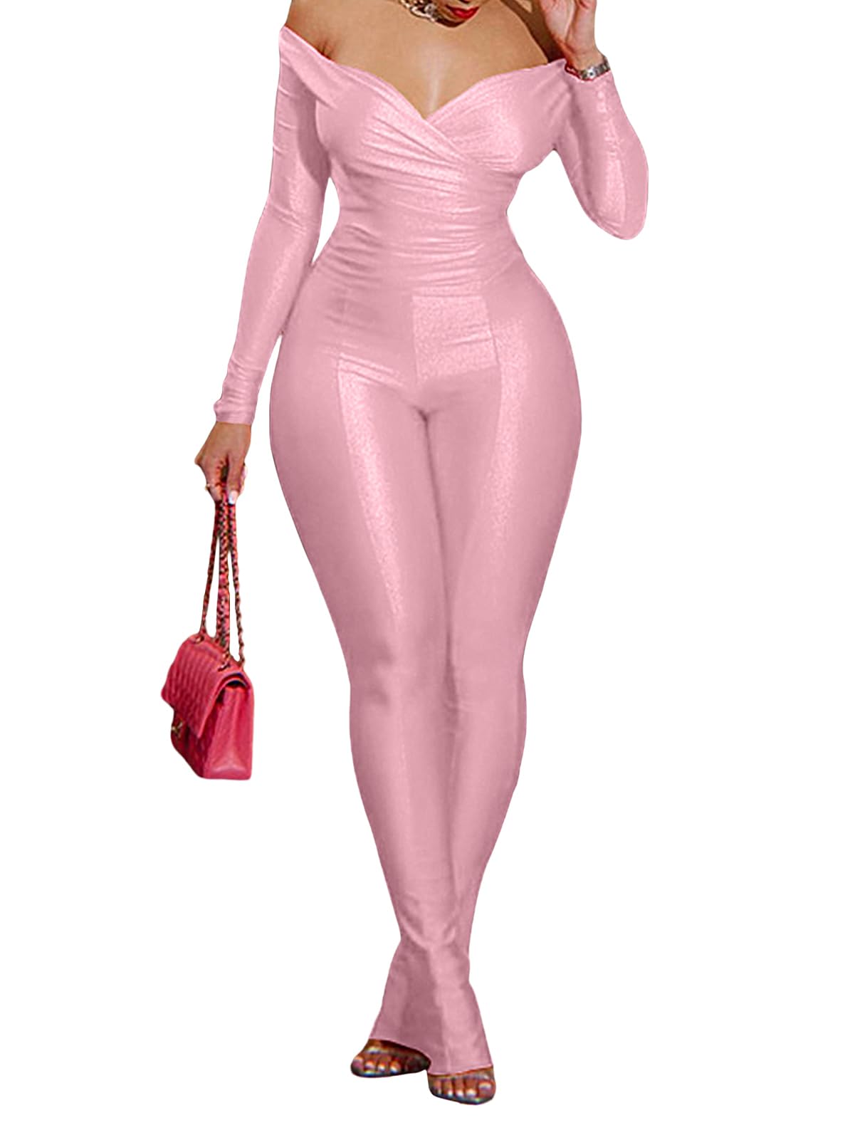 Women 2 Piece Outfits - Sexy Off Shoulder Tops Bodycon Flared Pant Sets