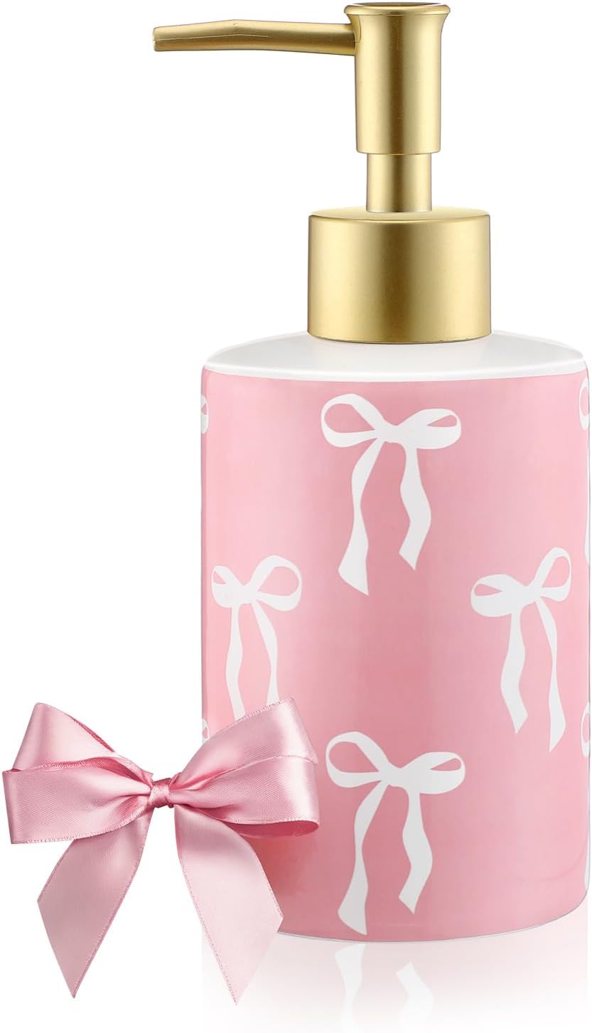Pink Bow Soap Dispenser Cute Coquette Hand Soap Dispenser with Pump Rust Proof Refillable Ceramic Lotion Bottle Preppy Accessories for Bathroom Kitchen Decor