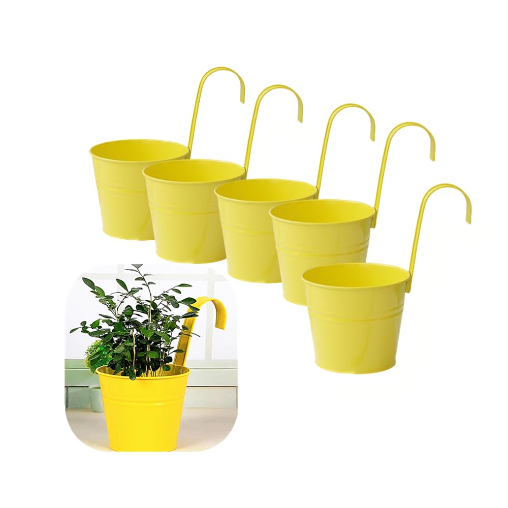 Hanging Flower Pots for Outdoor Indoor Plants with Removable Hooks -5 Pack Metal Buckets Plant Pots Wall Fence Home Decor-Storage Box,Drainage Holes -5''Diameter