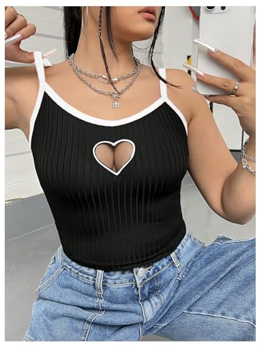 Women's Plus Size Cami Crop Tops Contrast Mesh Spaghetti Strap Summer Top