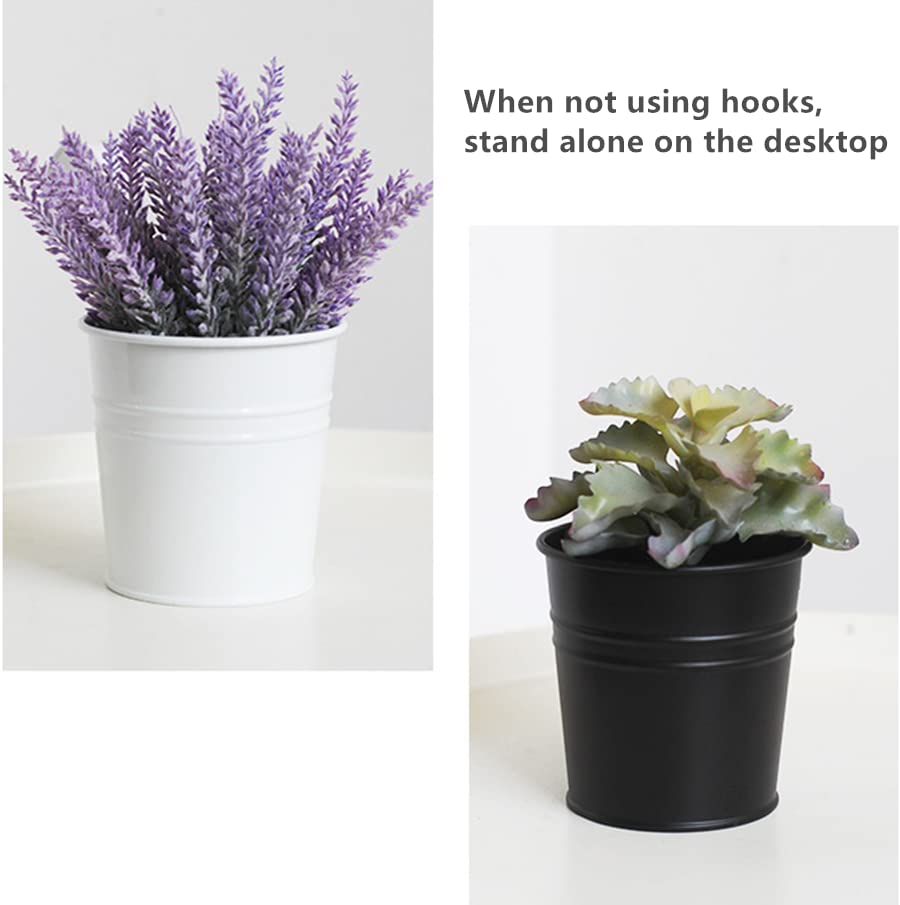 Hanging Flower Pots for Outdoor Indoor Plants with Removable Hooks -5 Pack Metal Buckets Plant Pots Wall Fence Home Decor-Storage Box,Drainage Holes -5''Diameter