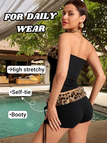 Sexy 2000s 2 Piece Leopard Club Outfits, Ruched Tube Strapless Crop Top, Low Rise Booty Shorts