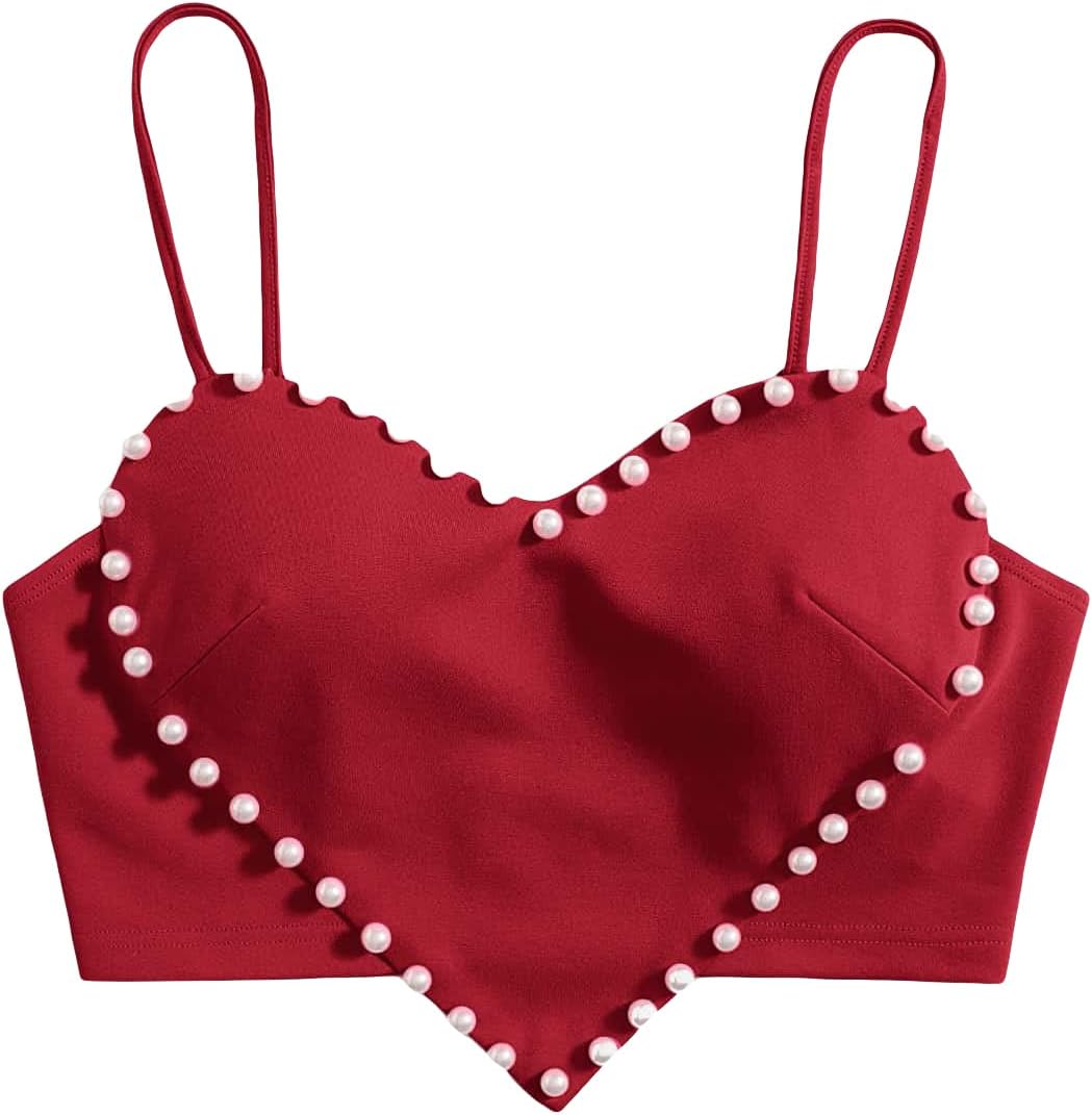 Women's Pearls Sleeveless Asymmetrical Hem Heart Crop Cami Top Sexy Camisole