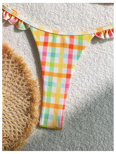 Women's Gingham Thong Bikini Sets Ruffle String Coquette Swimsuits Tie Back Boho Bathing Suit