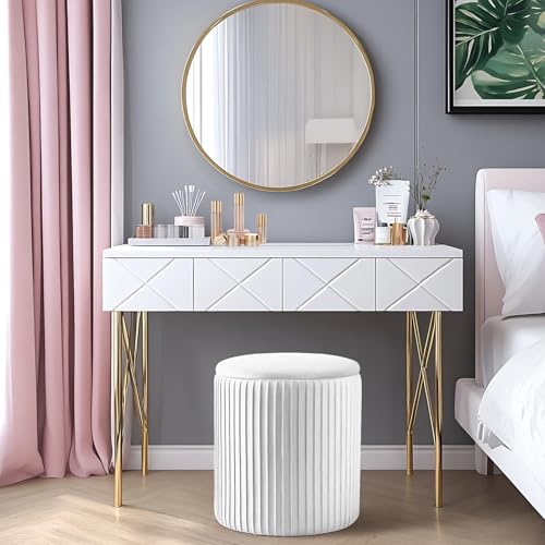 Set of 3 Velvet Round Storage Ottomans â€?Modern Upholstered Vanity Stool & Foot Rest with Hidden Storage