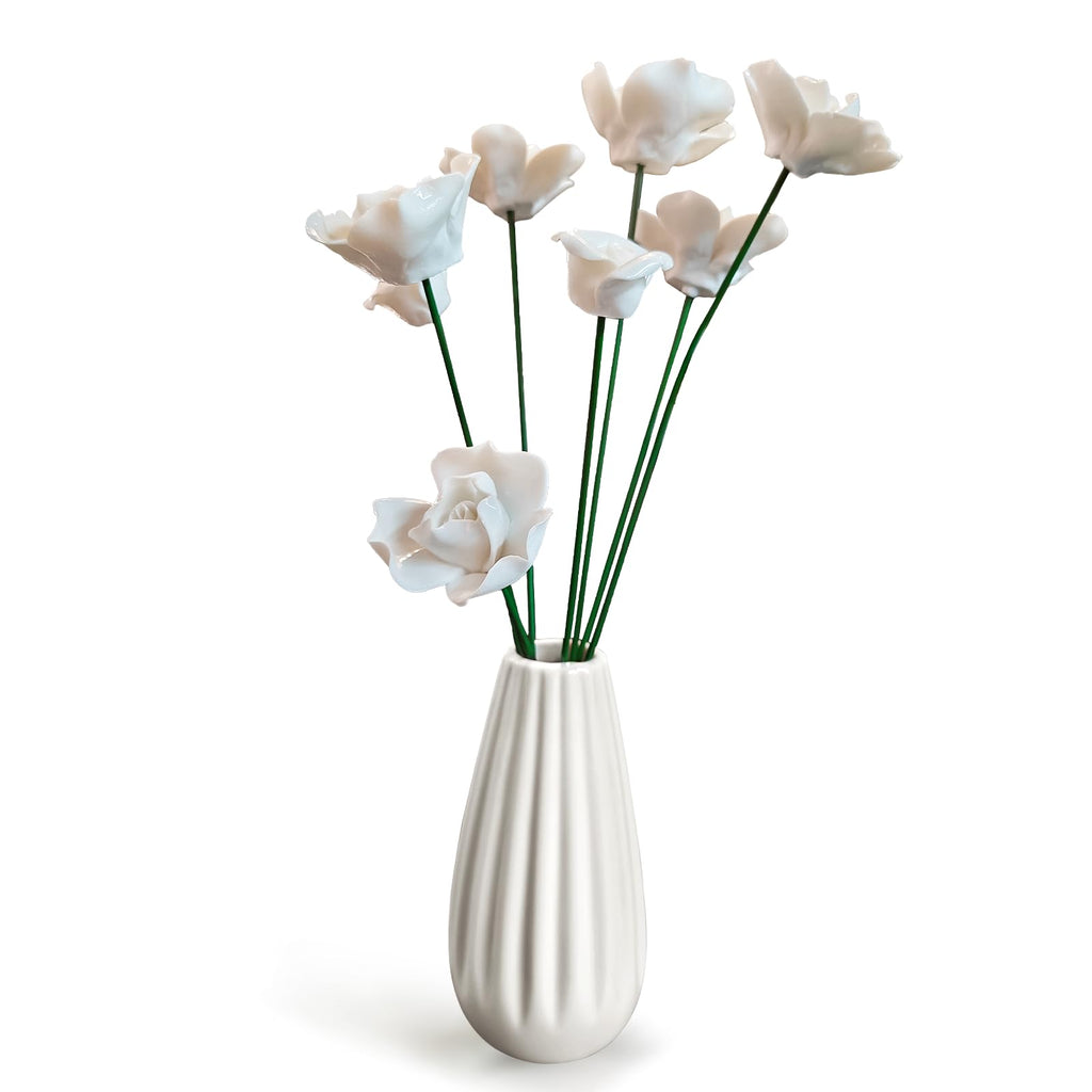 Handmade Ceramic Roses with Vase Set - 8 Artificial Porcelain Flowers and Modern Vase, Non-Fade Wedding Table Centerpiece, Eco-Friendly Home Décor for Living Room, Gift Box Included