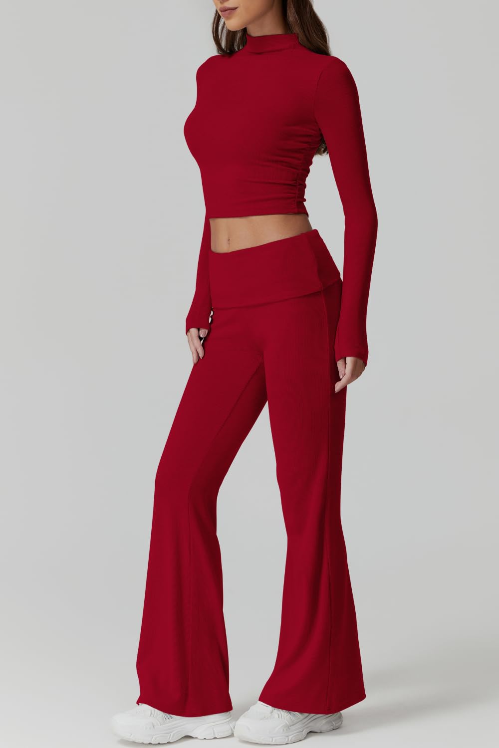 Womens 2 Piece Lounge Sets Mock Neck Long Sleeve Tops with Side Ruched Fold Over Flare Pants Comfy Tracksuits