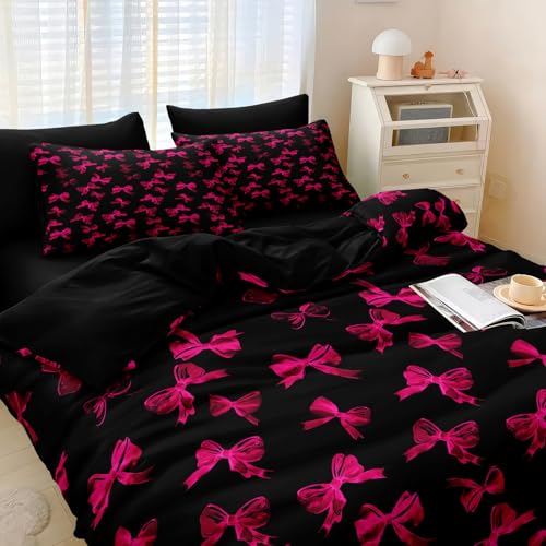 Pink Bowknot Comforter Set 4 Pcs Bow Tie Princess Bedding Blush Red Cherry Bed Quilt