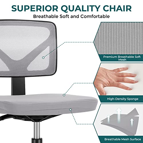 Vanity Swivel Armless Desk Chairs with Wheels, Ergonomic Adjustable Home Office Rolling Task Chair, Comfy Mesh Mid Back