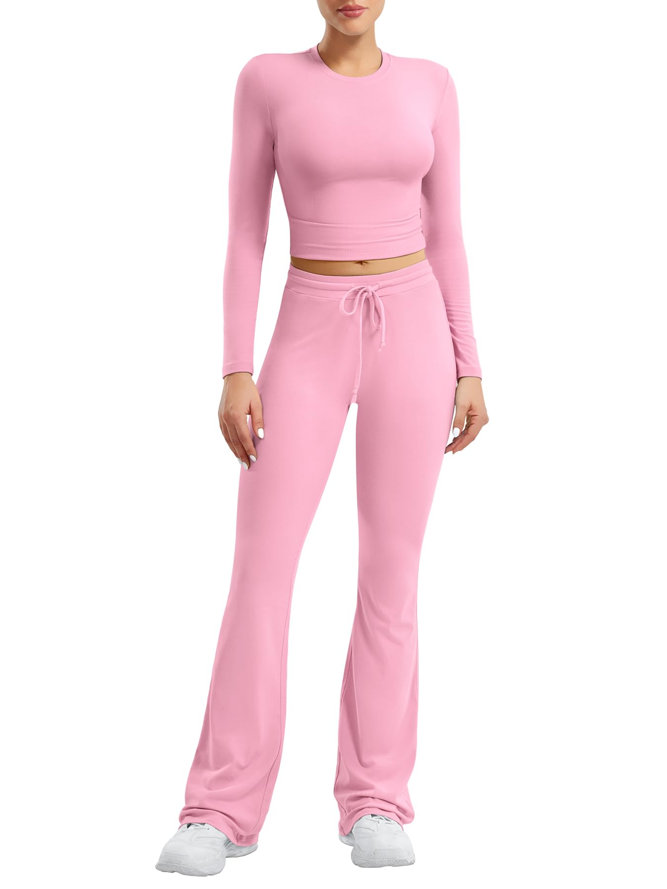 Two Piece Sets for Women Long Sleeve Tops Lounge Set Drawstring Wide Leg Pants Matching