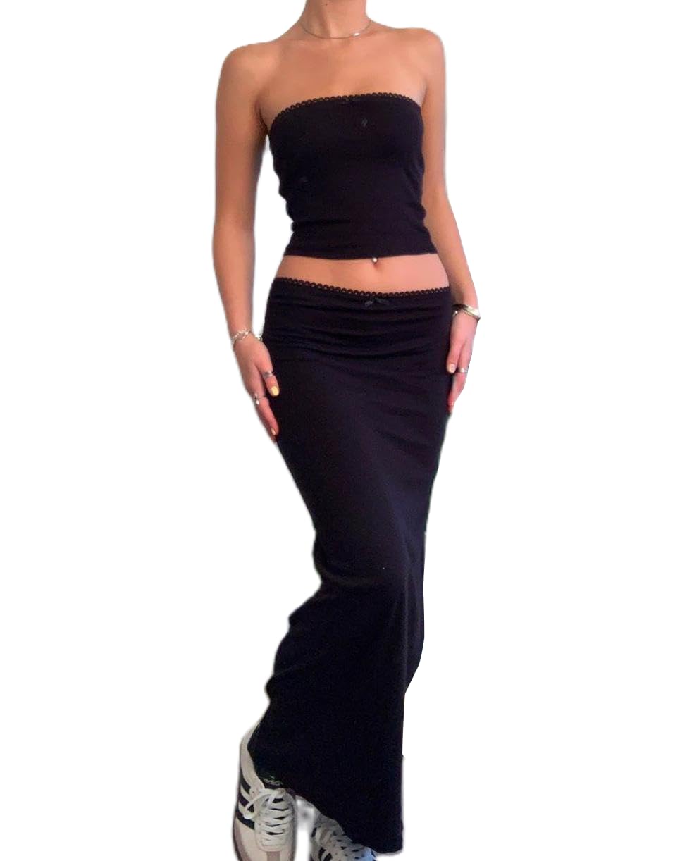 Vintage Lace Maxi Skirt Set Women 2 Piece Outfit Strapless Split Tube Top and Maxi Skirt Set