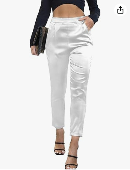 Women's Comfortable Pocket Straight High Waist Acetate Pants