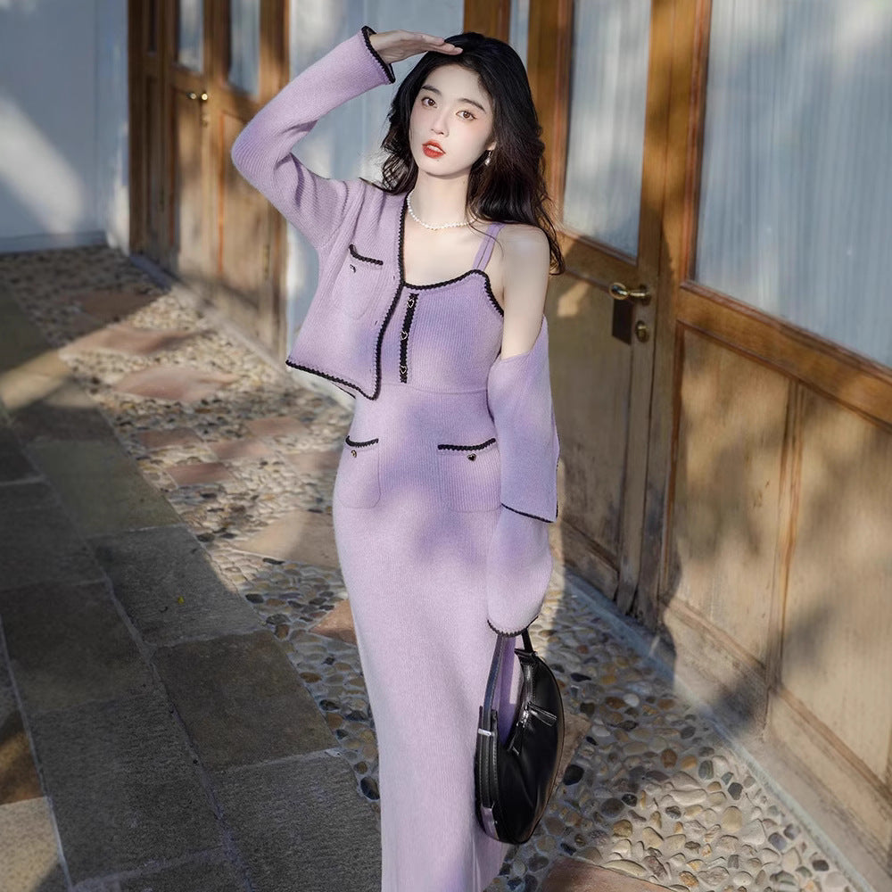 High-grade Pure Desire Style Purple Sweater With Suspenders Cardigan Two-piece Set