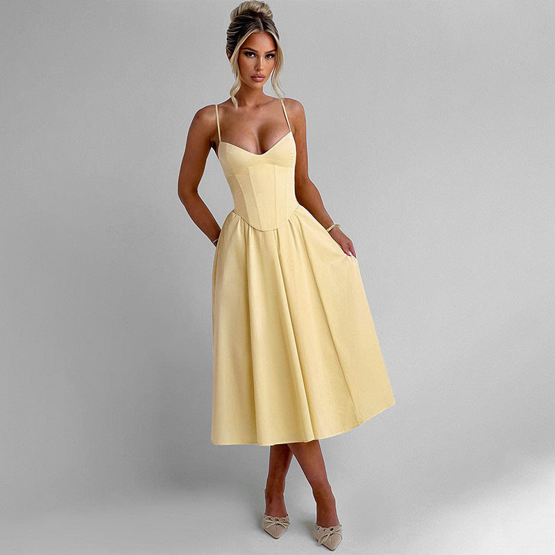 Slim Fit Solid Color And V-neck Long Dress For Women