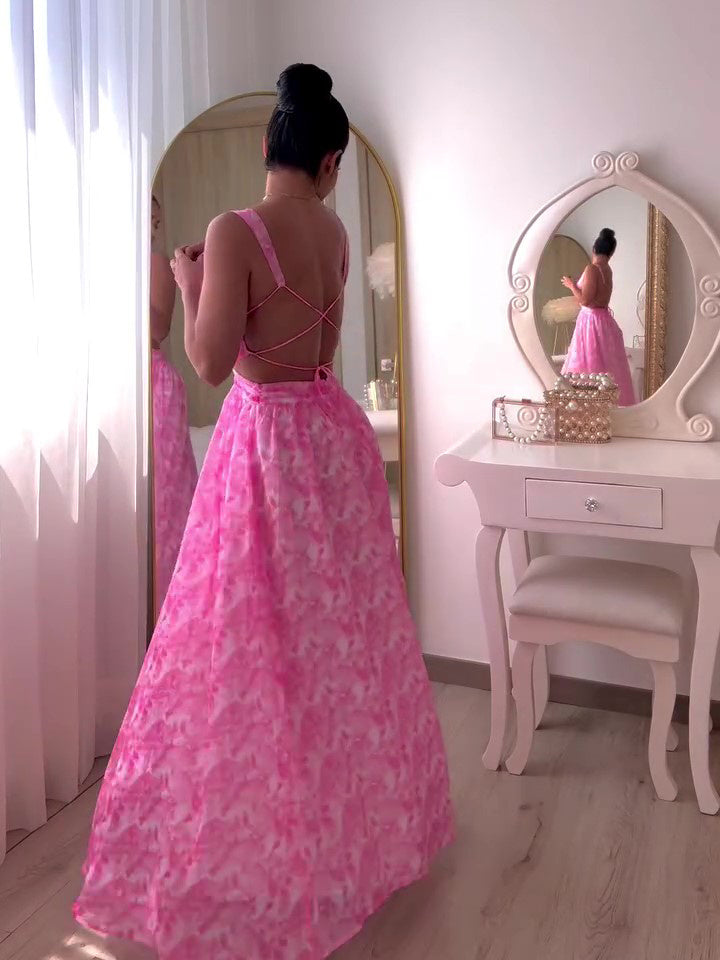 Pink  Print Backless Sleeveless Dress