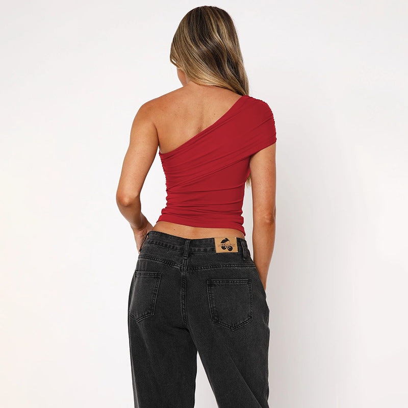 Cloud Sense Oblique Shoulder Fitted Waist Pleated T-shirt