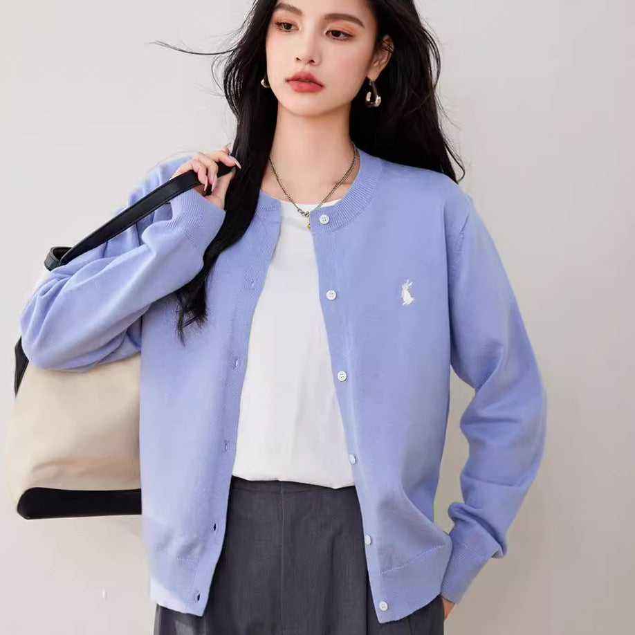 Simple Wool Cardigan Women's Sweater Coat Embroidered Rabbit Solid Color