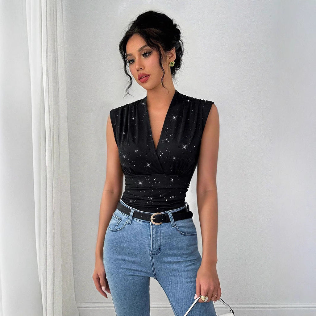 V-neck Shiny Sequined Sleeveless Top