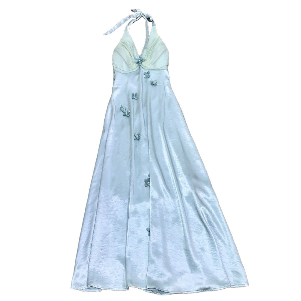 French Vacation Style Halter Blue Flower Dress