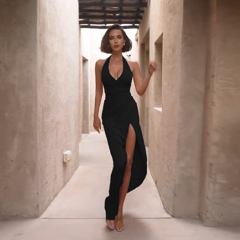 Women's Sling V-neck Halter High Slit Dress