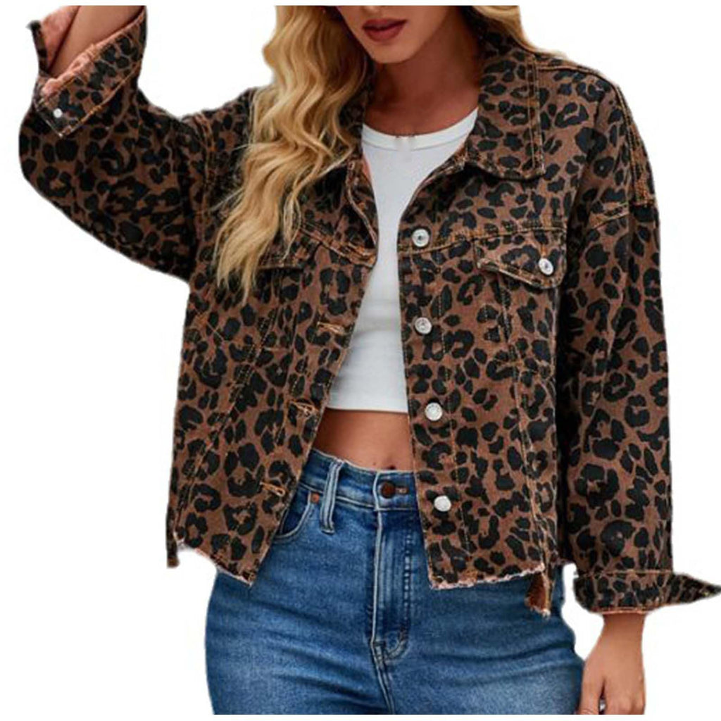 Women Animal Print Frayed Button Short Denim Coat