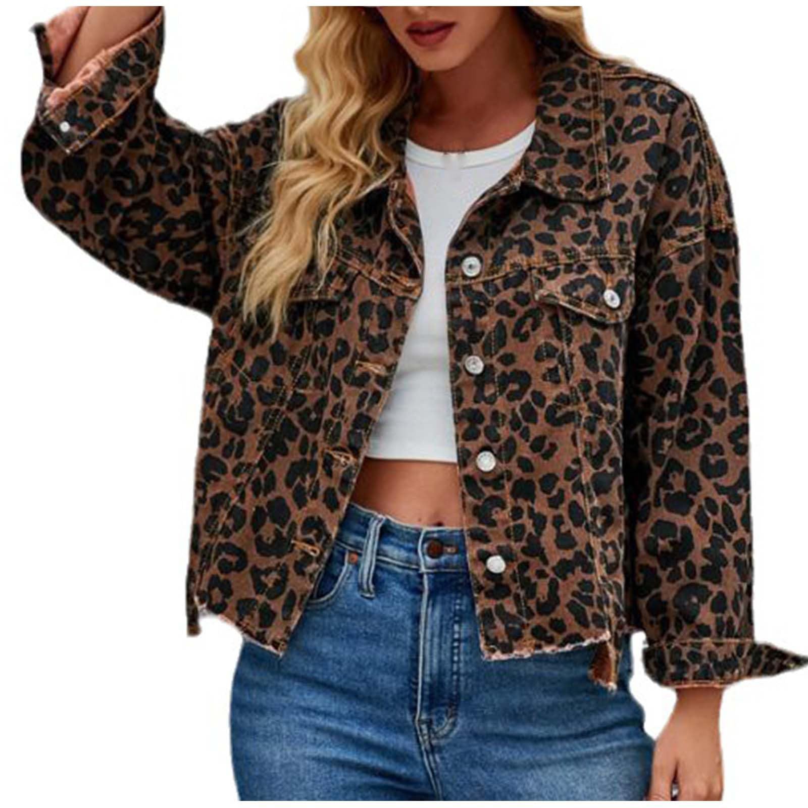 Women Animal Print Frayed Button Short Denim Coat