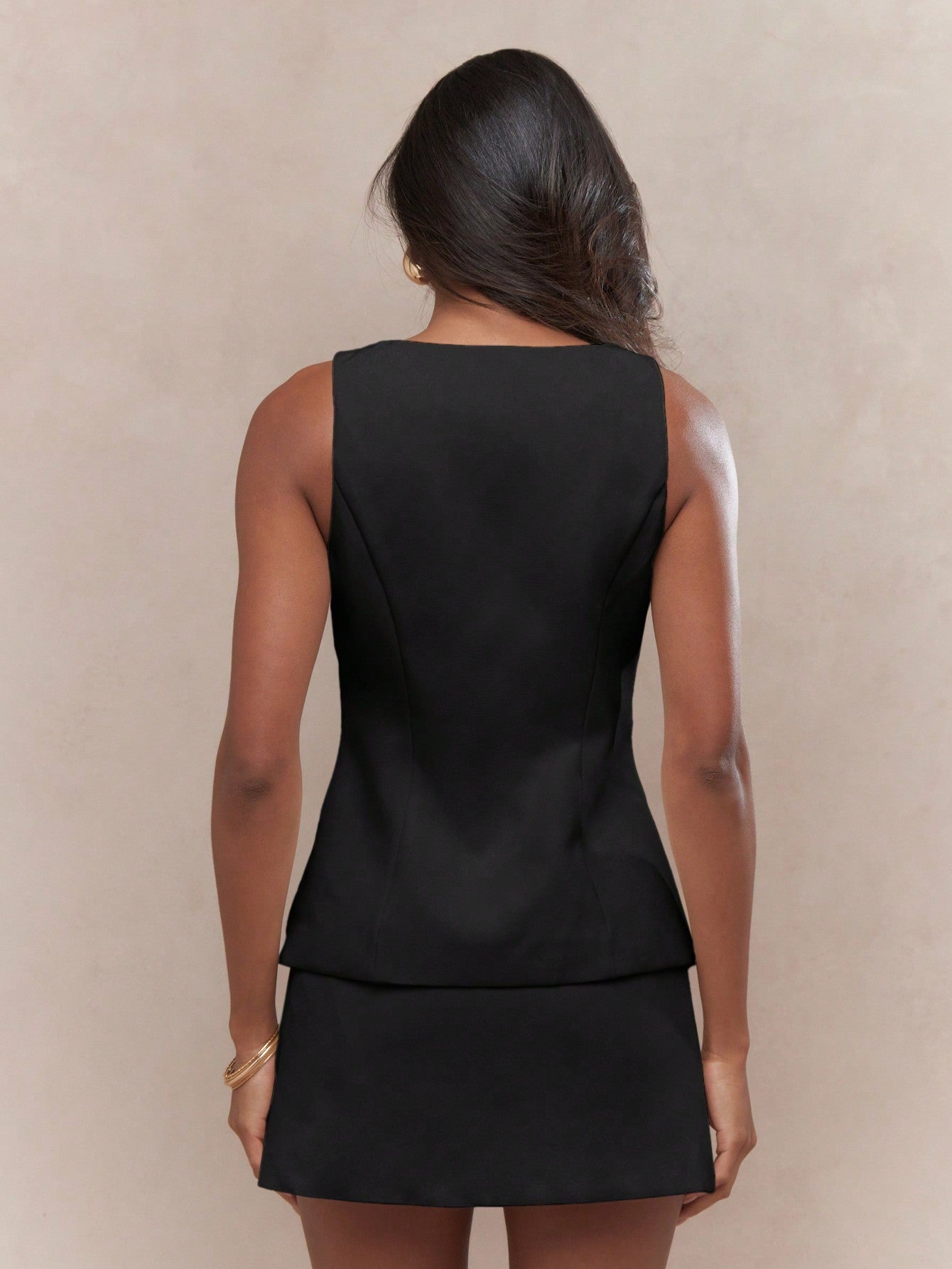 Square Buttoned Neck Sleeveless Vest And Mini Skirt Two Piece Co-Ord Set