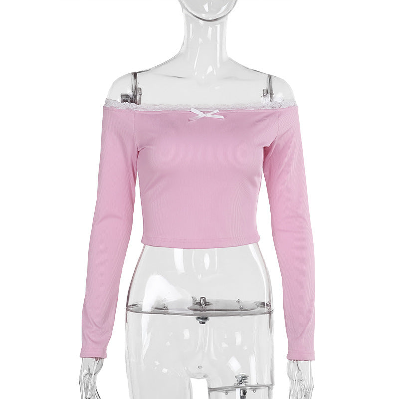 Off-shoulder Lace Edge Long-sleeved Top Ins Pure Desire Style Fashion Short Bow T-shirt For Women