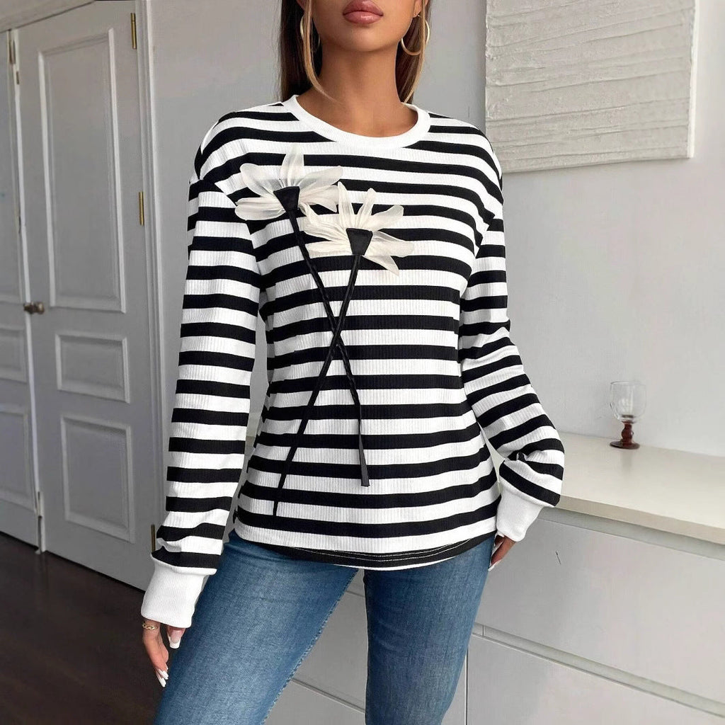 Long Sleeve Crew Neck Striped Floral Sweatshirt