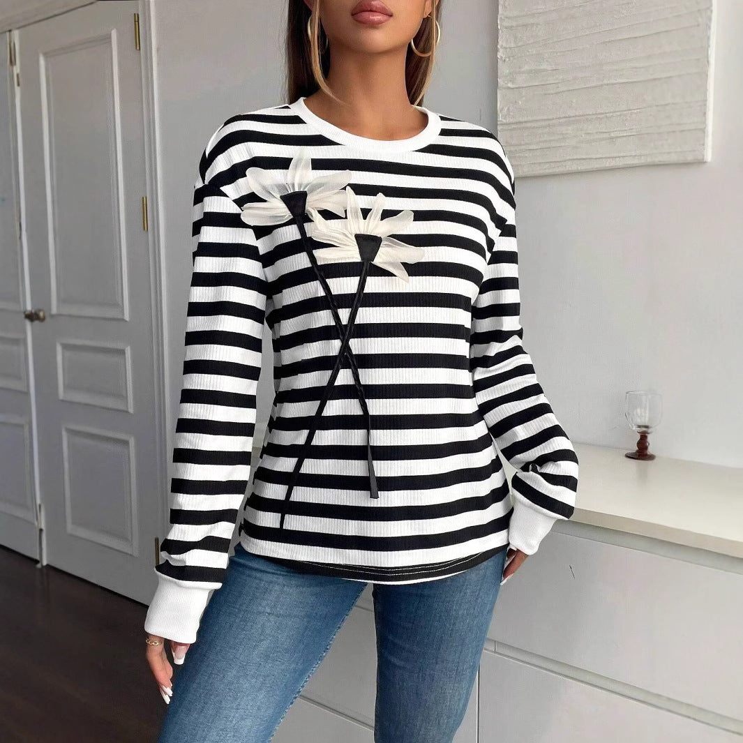 Long Sleeve Crew Neck Striped Floral Sweatshirt