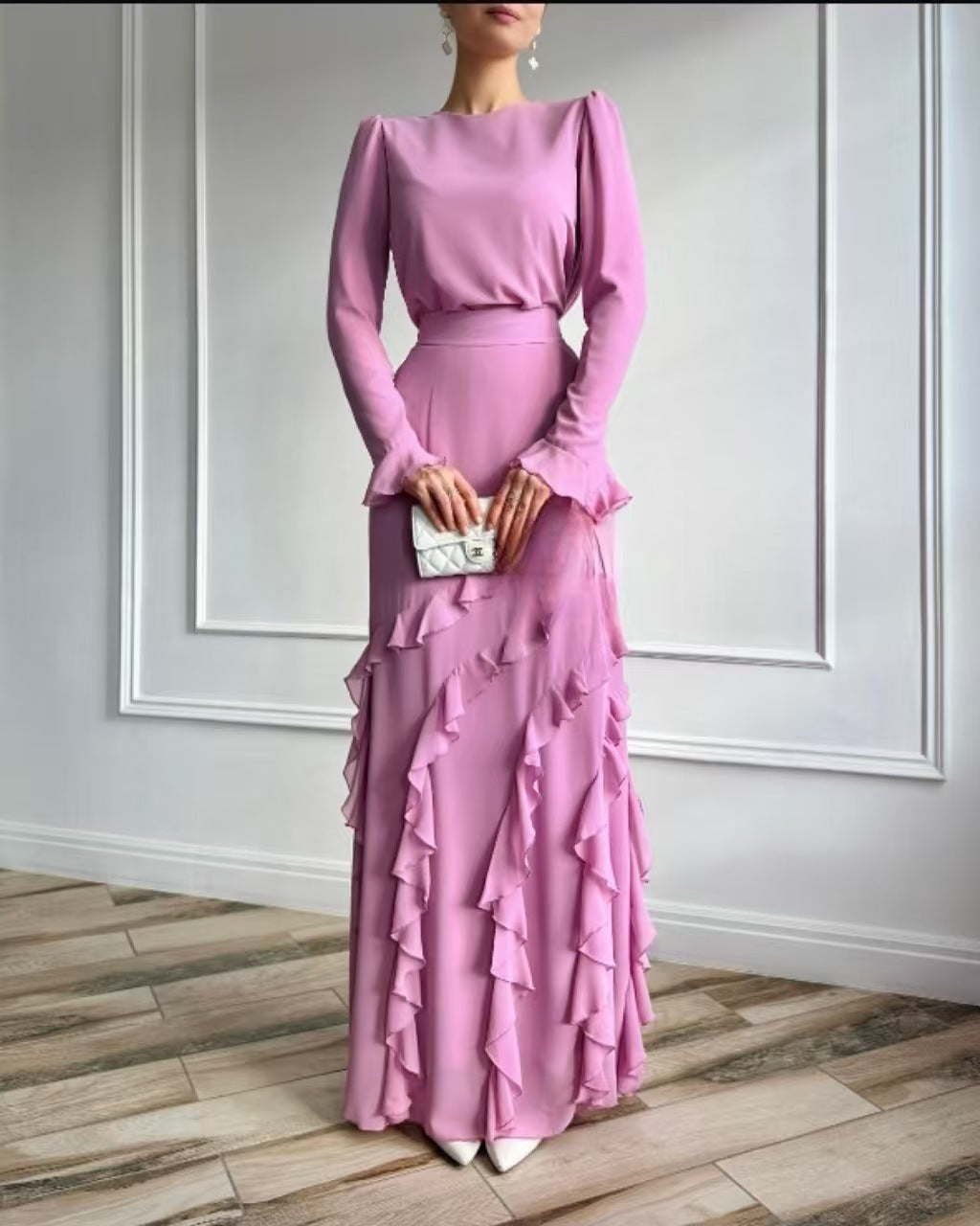Three-dimensional Ruffled Slim Fit Long Dress Two-piece Set